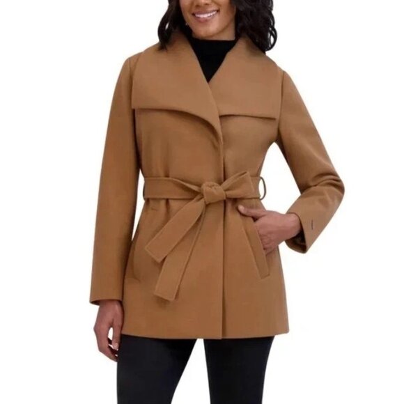 NEW Tahari Women's Size S Camel Brown Belted Wrap Coat Polyester - Picture 1 of 12